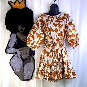 Aakaa Brown & White Floral Print Mini Dress with Braided Belt.